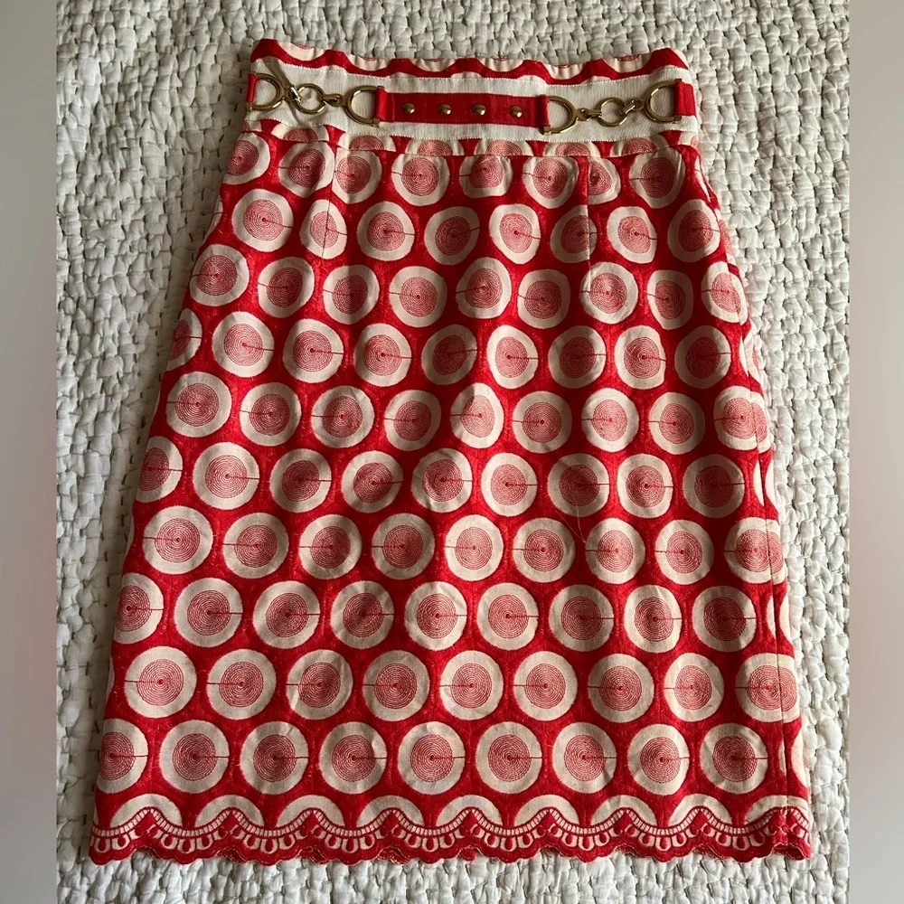 ANTONIO MELANI Red and Cream Circle-Print Pencil Skirt
